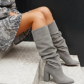 olcso Slouch Boots-női szürke velúr bő szárú csizma hegyes orrú és tömbsarkú cipővel - elegáns őszi és téli lábbelik hétköznapokra és elegáns alkalmakra