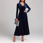 preiswerte abendkleider-Damen Midikleid Samtkleid Cocktailkleid Elegant Mode Modern Outdoor Party Party-Abendmode Normale Passform Einfach Langarm V Ausschnitt Schwarz Wein Blau Purpur Frühling Herbst