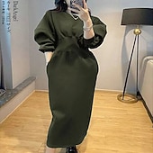 abordables Robes sweat à capuche-Femmes Robe Midi Robe à Capuche Mode Moderne Quotidien Week-end Coupe régulière Uni manche longue Col ras du cou Noir Blanche Gris Printemps Automne