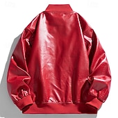 cheap Faux Leather Jackets-Men's Faux Leather Jacket Biker Jacket Motorcycle Jacket Vacation Daily Windproof Pocket Spring Fall Plain Fashion Classic Stand Collar Regular Black Red Jacket