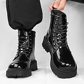 abordables Botas de combate-Botas con cordones para hombre de piel negra brillante con suela gruesa: imprescindibles para motociclistas, entusiastas del rock, estilo urbano informal y moda actual.