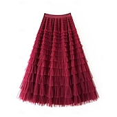 abordables Jupes de Fête-Femmes Jupe Trapèze Élégant Mode Occasionnel Maxi Taille haute Jupes Uni Superposé Micro-Élastique Soirée Rue Vin Noir Blanche Rose Printemps Chiffon Tulle