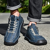 メンズブルーカジュアルレースアップアンクルブーツ、サイドジッパー付き、ハンドメイドスタイル、快適な滑り止めソール、アウトドアや普段使いに最適 お買い得  アンクルブーツ-メンズブルーカジュアルレースアップアンクルブーツ、サイドジッパー付き、ハンドメイドスタイル、快適な滑り止めソール、アウトドアや普段使いに最適