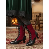  stivali da donna rossi e neri con lacci in stile vittoriano anni '20, alti fino al polpaccio – scarpe in stile edoardiano steampunk retrò per cosplay, teatro e feste Gatsby