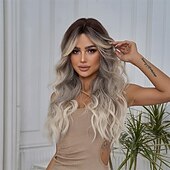 cheap Party Wigs-Women Long Ombre Grey Wavy Wigs with Black Root 26 Inch Wigs Natural Looking Synthetic Heat Resistant Fiber Wig for Daily Party Use