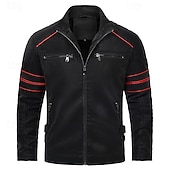 cheap Faux Leather Jackets-Men's Faux Leather Jacket Fleece Jacket Biker Jacket Motorcycle Jacket Vacation Daily Windproof Warm Patchwork Pocket Fall Winter Stripes Fashion Classic Stand Collar Regular Black Jacket