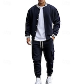 abordables sudaderas basicas-Hombre Sudadera Tracksuit Conjunto de atuendo Escote Chino Exterior Diario Deportes Correa Bolsillo Raya Negro Rojo Azul Marino Poliéster Ropa de Deporte Moda Ropa de calle Primavera