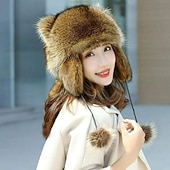 お買い得  暖房と冷房-冬用のかわいいアライグマのぬいぐるみ帽子、耳あて付きの暖かいトラッパーハット、子供と大人用のフェイクアライグマの毛皮のウシャンカアビエイターハット