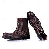 cheap Premium Leather Boots-Men's Brown Leather Work Boots – Vintage Cowhide Lace-Up Ankle Shoes with Rugged Sole for Construction, Outdoor Adventure and Casual Daily Wear