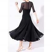 abordables Salón de Baile Estándar-Women's Black Ballroom Dance Dress with Sheer , Flared Skirt, and Heart-Shaped Bodice - Ideal for Latin, Salsa, and Social Dance Performances