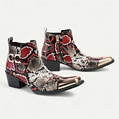 メンズの赤と黒のヘビ柄レザーブーツ - 結婚式、ギャツビーパーティー、イブニングドレスに最適な、メタルキャップ付きのエキゾチックな尖ったつま先アンクルブーツ お買い得  プレミアムレザーブーツ-メンズの赤と黒のヘビ柄レザーブーツ - 結婚式、ギャツビーパーティー、イブニングドレスに最適な、メタルキャップ付きのエキゾチックな尖ったつま先アンクルブーツ