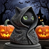 お買い得  ハロウィンの吊るし飾りとテーブルトップ装飾-ハロウィーンの帽子をかぶった黒猫の像。神秘的なフード付きの猫の置物。光る目を持つファンタジーな神秘的な彫刻。猫好きの方へのユニークな贈り物。 &amp;ゴシック様式のインテリア