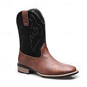 Men's Classic Cowboy Boots – Two-Toned Brown and Black Faux Leather with Distinct Stitching, Timeless Western Design for Casual Wear, Outdoor Adventures and Rodeo Events cheap Cowboy & Western Boots-Men's Classic Cowboy Boots – Two-Toned Brown and Black Faux Leather with Distinct Stitching, Timeless Western Design for Casual Wear, Outdoor Adventures and Rodeo Events