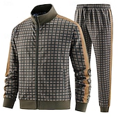 billiga Herrars 3D-tröjset-Herr Rutig Geometrisk 2st 3D-tröja set Träningsoverall Zip Up sweatshirts Långärmad Långa byxor Hög krage Ledigt vardag Utomhus Semester Sport Dragkedja 3D-utskrift Vår Höst Mörkbrun Brun Aprikos