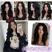 economico Parrucche da festa-Parrucche corte ondulate per donna, parrucca nera a caschetto, capelli sintetici dall&#039;aspetto naturale, riga centrale frontale in pizzo, per acconciature quotidiane da 18 pollici