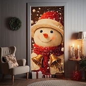 Christmas Door Cover Winter Holiday Curtain Decoration Festive Drapes Featuring Snowman With Red Scarf And Jingle Bells Large Fabric Panel For Home Living Room Bedroom Entryway Decor4