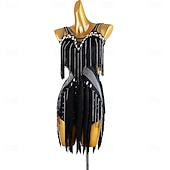 cheap Competition Dress-Women's Black Fringe Latin Dance Dress with Rhinestone Detailing, Sleeveless, and Crisscross Straps – Perfect for Salsa, Rumba, and Performance Wear