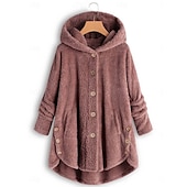 levne Fleece-lined bundy-Dámské Šerpa bunda Mikina s kapucí Pohodlné Prodyšné Kapsy Knoflíky Módní Na běžné nošení Bez vzoru Dovolená ulice Ležérní Denní nošení Jednořadé Standardní Kapuce Volný Dlouhý rukáv Svrchní oděvy