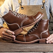 abordables Bottes de travail-Bottines à lacets en similicuir marron pour homme avec surpiqûres rétro – bottines de travail décontractées pour l&#039;extérieur, idéales au quotidien