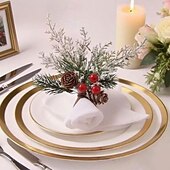 abordables Couronnes, Guirlandes &amp; Décorations-Lot de 6 décorations de table de Noël, ronds de serviette, pommes de pin en cèdre avec baies rouges, accessoires de table de fête pour le dîner de Noël