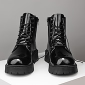 abordables Botas de combate-Botas con cordones para hombre de piel negra brillante con suela gruesa: imprescindibles para motociclistas, entusiastas del rock, estilo urbano informal y moda actual.