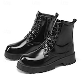 abordables Botas de combate-Botas con cordones para hombre de piel negra brillante con suela gruesa: imprescindibles para motociclistas, entusiastas del rock, estilo urbano informal y moda actual.