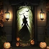 Halloween Door Covers Dark Witch Pumpkin Bat Design Door Tapestry Door Curtain Decoration Backdrop Front Door Banner Farmhouse Holiday Party Indoor Outdoor Haunted Halloween Decor Supplies3