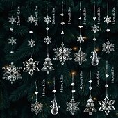 billige Ornamenter-32 stk krystallklare julepynt i akryl med snøflak, reinsdyr og istappklokker &amp;blinkende lyseffekt egnet for festdekorasjoner, jul, bursdagsfeiringer