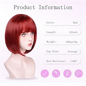 abordables Perruques de fête-Perruques bob rouges pour femmes blanches - Perruques bob courtes de 12 pouces avec frange Perruque synthétique de mode naturelle Cheveux synthétiques colorés pour cosplay quotidien Halloween