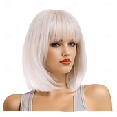 abordables Perruques de fête-Perruque courte blanche platine avec frange, cheveux synthétiques ombrés à blonds, résistante à la chaleur, 12 pouces, pour femmes