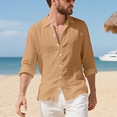 preiswerte Baumwoll-Leinenhemd-Herren Hemd Leinenhemd Freizeithemd Knopfhemd Baumwollhemd Einfach Urlaub Hawaiianisch Schwarz Weiß Gelb Marineblau Langarm Revers Frühling Herbst Bekleidung