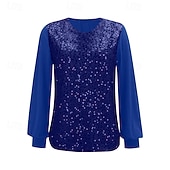  Per donna Maglietta Paillettes Patchwork Tinta unica Moda Elegante Classico Manica Lunga Girocollo Top Regolari Quotidiano Weekend Blu Primavera Autunno
