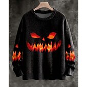 Men's Pullover Sweater Jumper Knit Sweater Ribbed Knit Regular Tops Knitted Print Pumpkin Crew Neck Halloween Vacation Daily Wear Clothing Apparel Drop Shoulder Fall Winter Black S M L4