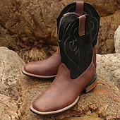 Men's Classic Cowboy Boots – Two-Toned Brown and Black Faux Leather with Distinct Stitching, Timeless Western Design for Casual Wear, Outdoor Adventures and Rodeo Events cheap Cowboy & Western Boots-Men's Classic Cowboy Boots – Two-Toned Brown and Black Faux Leather with Distinct Stitching, Timeless Western Design for Casual Wear, Outdoor Adventures and Rodeo Events