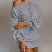 voordelige Trui Jurken-Dames Mini-jurk Trui-jurk Modieus Modern Lantaarn mouw Dagelijks Uitgaan Weekend Normale pasvorm Effen Lange mouw Schouderafhangend Zwart Wit Blozend Roze blauw Lente Herfst