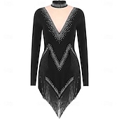 ieftine rochie de concurs-Rochie de dans latino strălucitoare pentru femei, cu mânecă lungă, cu ciucuri, cha cha, salsa, rumba, tango