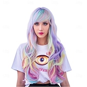 お買い得  パーティーウィッグ-Rugelyss レインボー カラフルウィッグ 女性用 26インチ ウェーブ ファッション 合成フルヘッドヘアウィッグ 前髪付き コスプレやパーティーに最適