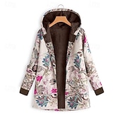 preiswerte Fleece-Futterjacken-Damen Wintermantel Mantel Kapuzenjacke Warm Bequem Tasche Knöpfe Lässig Blumen Urlaub Ausgehen Wochenende Regulär Kapuzenpullover Normale Passform Langarm Oberbekleidung Weiß Gelb Rote Herbst Winter