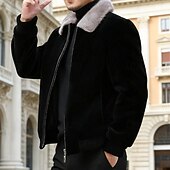 Недорогие Мужские куртки и пальто-Муж. Зимняя куртка Повседневная куртка Отпуск Повседневные Сохраняет тепло Меховая оторочка Карман Осень Зима Полотняное плетение Мода Уличный стиль Лацкан Обычная Черный Жакеты