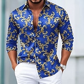 baratos Camisa de Seda Masculina-Homens Estampa floral Barroco Flores Camisa Social Blusa de cetim Saia Manga Longa Vintage retrô Férias Dia a Dia Verão Primavera Outono Aberto para a Lateral Impressão 3D Camisas de botões Preto