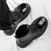 abordables Botas de combate-Botas con cordones para hombre de piel negra brillante con suela gruesa: imprescindibles para motociclistas, entusiastas del rock, estilo urbano informal y moda actual.