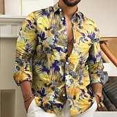 voordelige Plantenpatroon-Voor heren Bloemenprint Bloemen Overhemd Overhemd met knopen Lange mouw Mode-casual Feestdagen Casual / Dagelijks Lente Herfst Strijkijzer 3D-afdrukken shirts met kraag Geel blauw Oranje