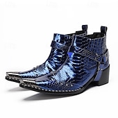 cheap Premium Leather Boots-Men's Premium Cowhide Blue Croc Pattern Leather Chelsea Boots, Stylish Harley Motorcycle Boots for Rock Concerts, Parties, Nightclub Fashion and Stage Wear