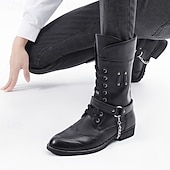 abordables Bottes de motard-Bottes de combat gothiques noires pour hommes – Chaussures de moto à lacets et tige haute avec sangles pour le punk rock, le cosplay et les soirées nocturnes