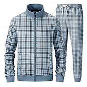 billiga Herrars 3D-tröjset-Herr Rutig Geometrisk 2st 3D-tröja set Träningsoverall Zip Up sweatshirts Långärmad Långa byxor Hög krage Sportig Utomhus Semester Sport Tryckt Dragkedja Vår Höst Grå Marinblå Ljusblå