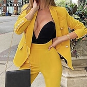 abordables Ensembles chemisiers pour femmes-Femmes Actif Mode Ensembles de Pantalons Blazers Costumes manche longue Col de chemise Uni Dubbele Rij Knopen Vacances Décontracté Quotidien Noir Blanche Jaune Automne Coupe régulière