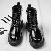 abordables Botas de combate-Botas con cordones para hombre de piel negra brillante con suela gruesa: imprescindibles para motociclistas, entusiastas del rock, estilo urbano informal y moda actual.