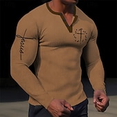 olcso Vallási-Férfi Grafika Križ Jézus Henley ing Gofris póló Hosszú ujj 3D nyomtatás Dizájn Egyszerű Alkalmi Szabadtéri sport Szabadság Fesztivál Tavasz &amp; Ősz Fekete Fehér Barna Lóhere Henley Henley póló