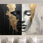 abordables Peintures à l&#039;huile-Peintures abstraites de visages de filles peintes à la main sur toile, peinture noire et blanche, œuvres d&#039;art figuratives dorées, peinture murale minimaliste pour la décoration intérieure, cadre