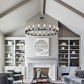 olcso Gyertya-led csillár fekete kerekeken 20 fényes nagy kerek rusztikus vidéki csillár ipari lámpatest étkezőbe nappali konyha sziget előtér előszoba